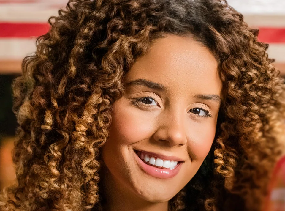 Smiling woman with defined honey-brown curls
